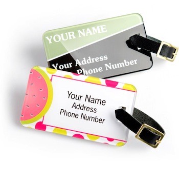 distinctive acrylic luggage tags you can personalise, with leather strap