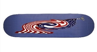 A silver eagle at the head of the stars and stripes of the flag of the USA flowing and whirling around like a tornado in the center of this skateboard deck. An impression of speed and skill, what every skateboarder wants from his or her deck.