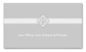 Classic business card design with scales of justices centered on a band of white against a background of light gray for attorneys, lawyers and the legal profession.
