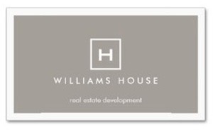 Your initial on a business card in a simple open box set on a taupe background. Shown here for real estate professionals but suitable for a variety of businesses.