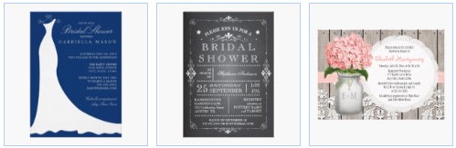 elegant bridal wedding dress on blue bridal shower invitation card, chalkboard style white on black, and monogrammed mason jar with pink hydrangeas bridal shower card
