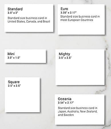 business card sizes at Zazzle - US Standard, Euro, Mini, Mighty, Square and Oceania
