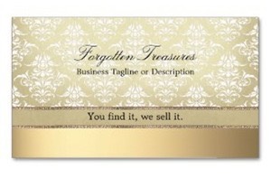 Elegant vintage golden look damask pattern on luxurious Ultra-Thick Premium card stock business card with golden background. Ideal  for antique shops, vintage boutiques, fine photographers and beauticians