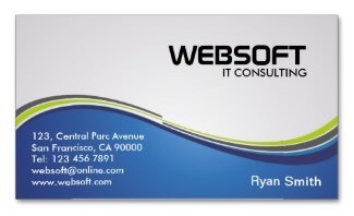 IT Consulting Business Card with a Modern and Simple Design of a blue wave with black green and white  
