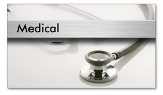 Medical business card with stylish modern design featuring a doctor’s stethoscope on a brushed metal surface