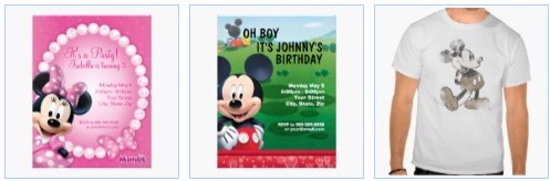 minnie mouse on pink and white girls birthday party invitation card, mickey mouse boys birthday card, and a vintage mickey mouse t-shirt