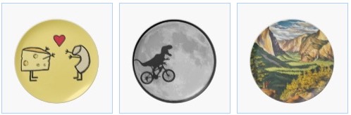 macaroni and cheese plate, dinosaur on bicycle to moon, yosemite park plate