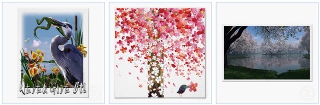Never give up with blue heron on a poster, a cherry tree in blossom, and a sakura landscape poster.