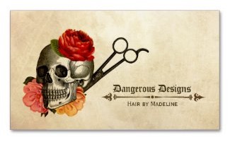 hair stylists vintage grunge business card featuring a skull, rose flowers and scissors shears with a brown and beige tone