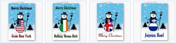 snowman christmas card new york, ireland, union jack britain, joyeux noel canada