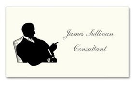 Ultra Thick Premium Business Card featuring a vintage silhouette of a businessman seated at a desk wearing a jacket and collar fashionable in the early 1900s. Ideal for business professionals, executives and the legal profession 
