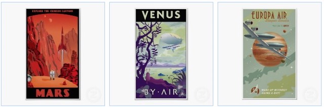 visit mars poster, explore venus by air, fly with europa air to jupiter vintage travel poster